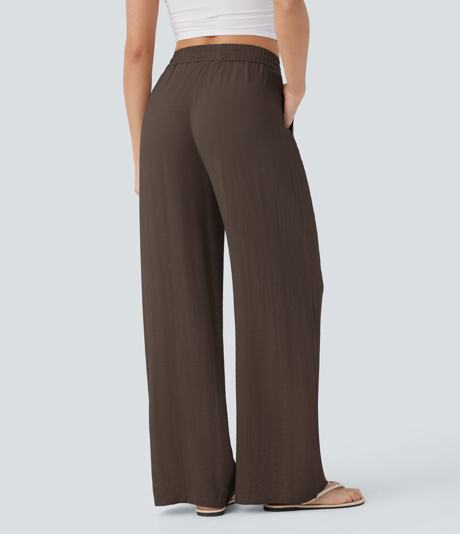 High Waisted Drawstring Pocket Wide Leg Baggy Casual Linen-Feel Pants - Chocolate Martini