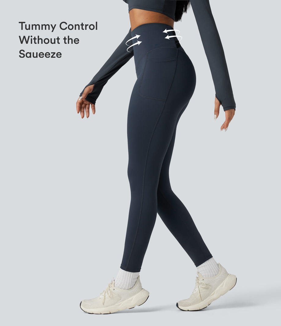 Halara Ultrasculpt™ Heat High Waisted Tummy Control Crossover Back Fleece Running Leggings with Pockets - Blueberry