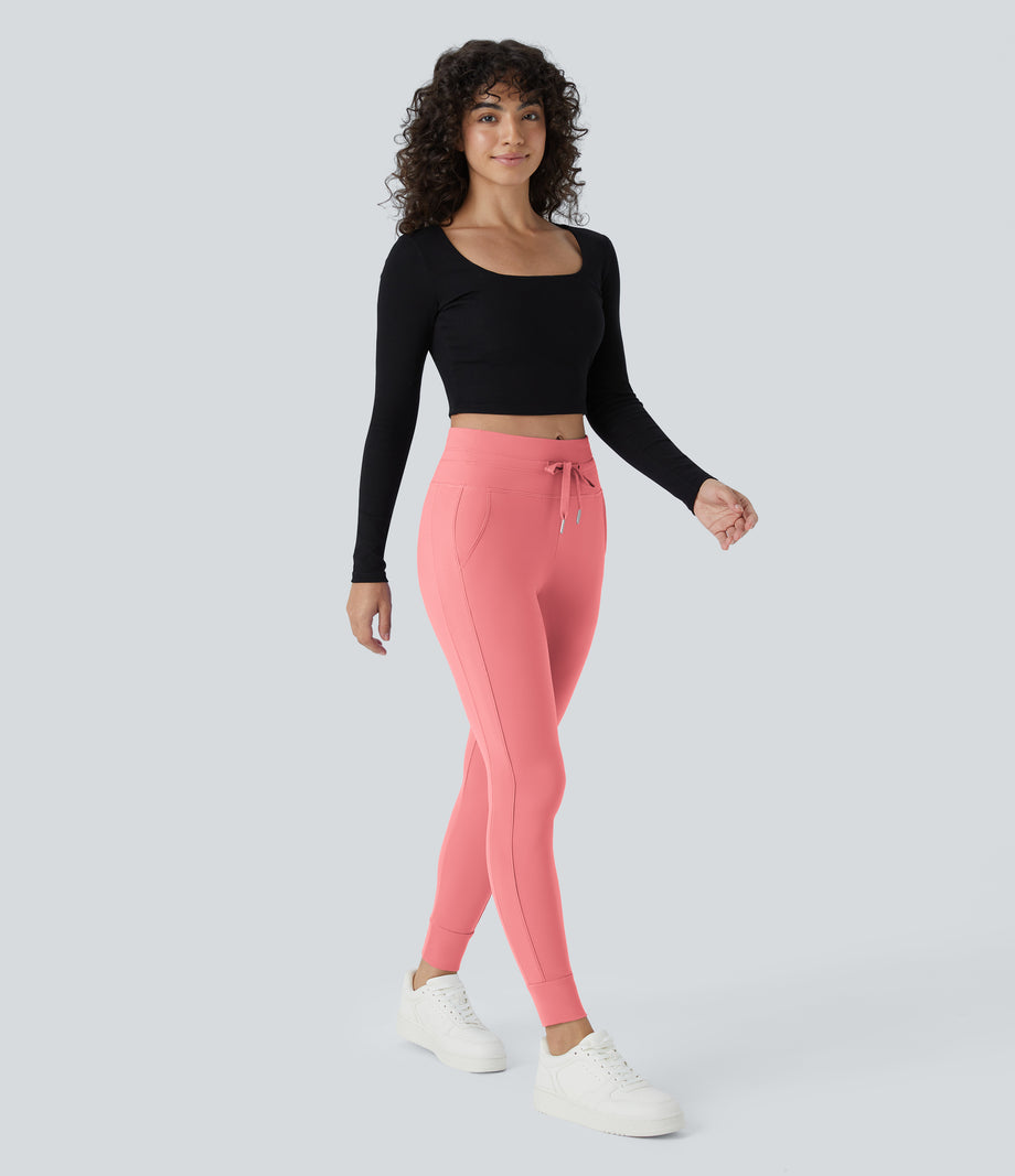 SoftlyZero™ Plush High Waisted Drawstring Pocket Plain Full Length Joggers - Shell Pink