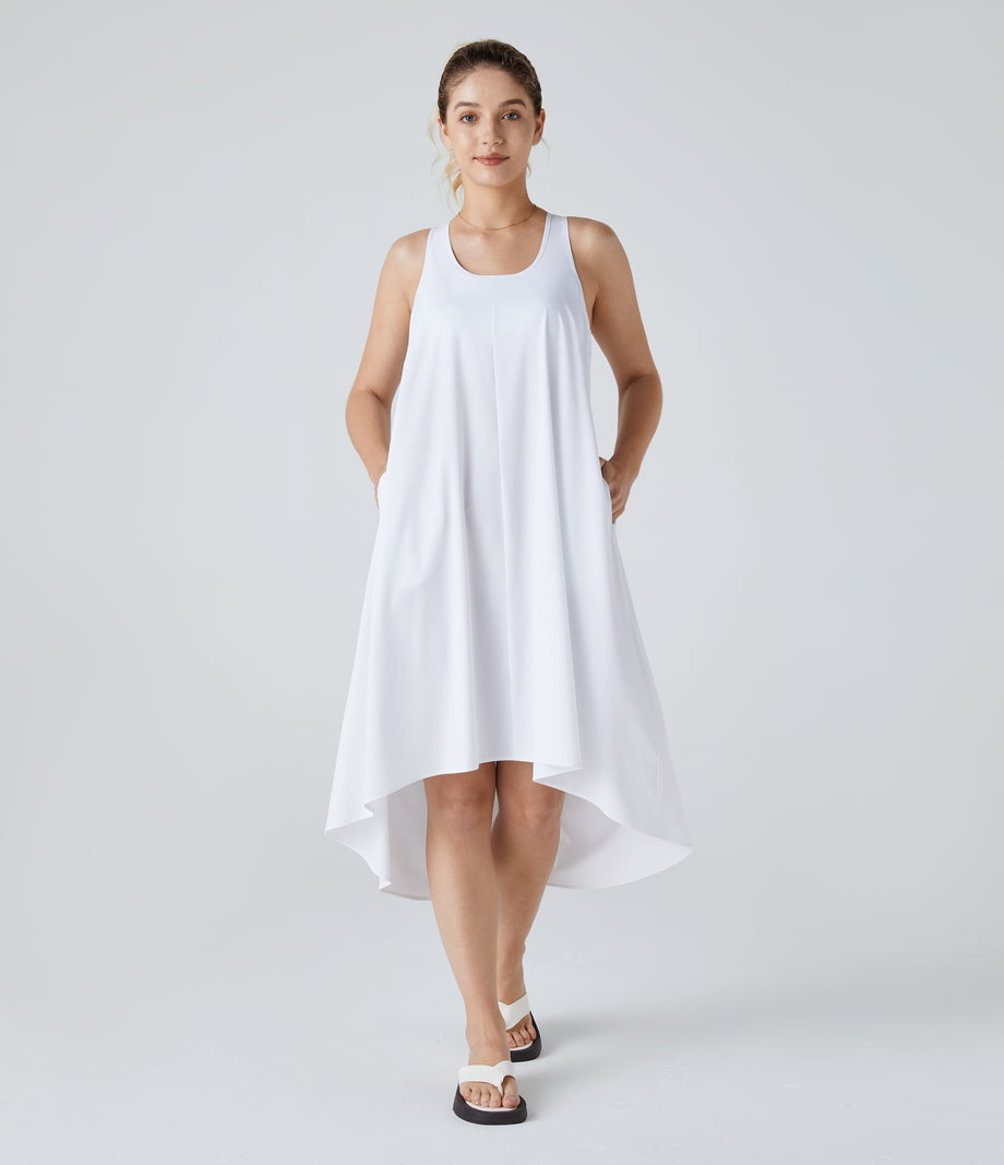Breezeful™ Backless Racerback Side Pocket High Low Flowy Midi Quick Dry Casual Dress - White