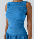 Ribbed Boat Neck Asymmetric Strap Ruched Pocket Flowy Maxi Casual Dress - Clear Sunny Blue