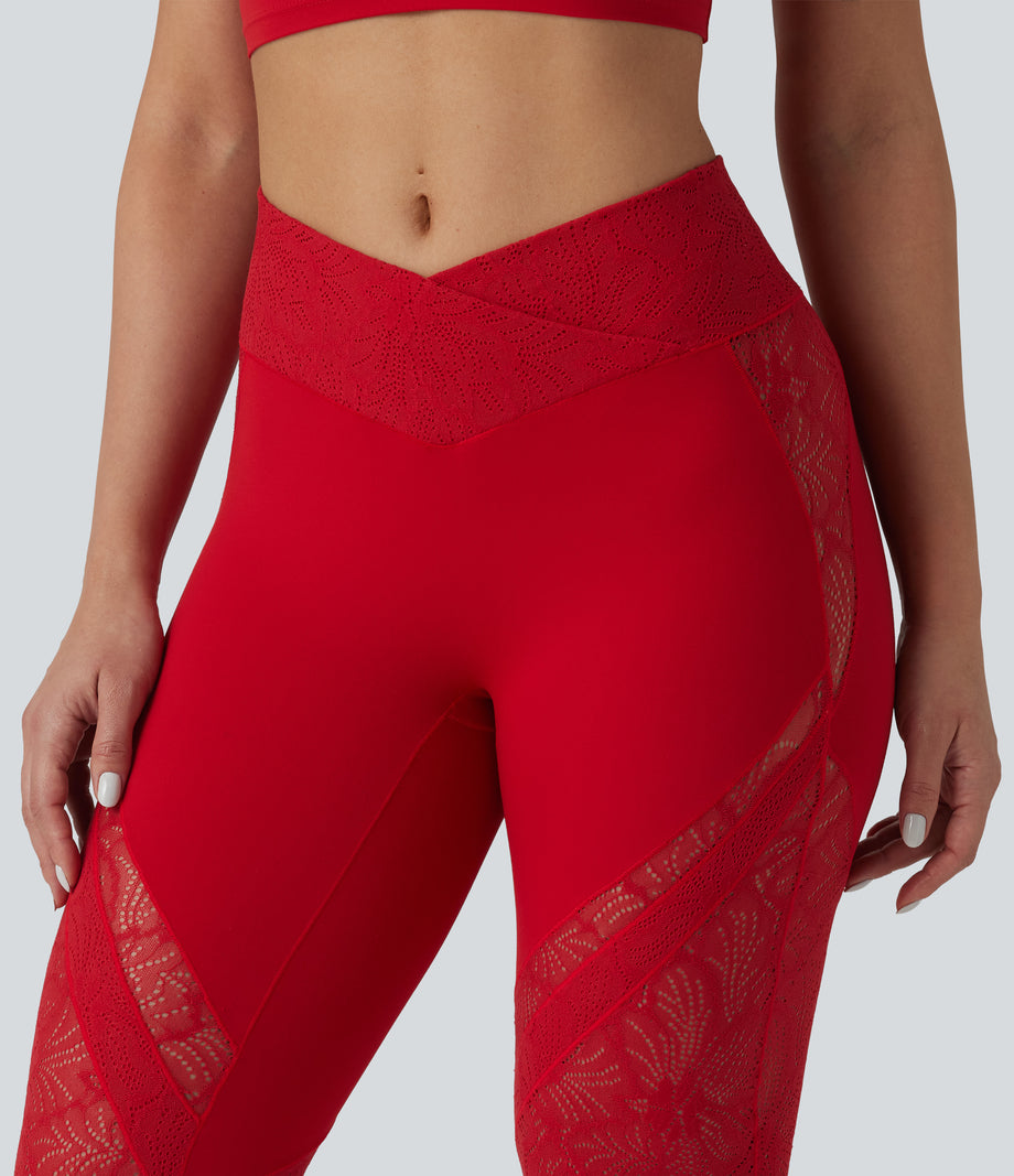 SoftlyZero™ High Waisted Crossover Pocket Contrast Lace Flare Yoga Leggings - Salsa