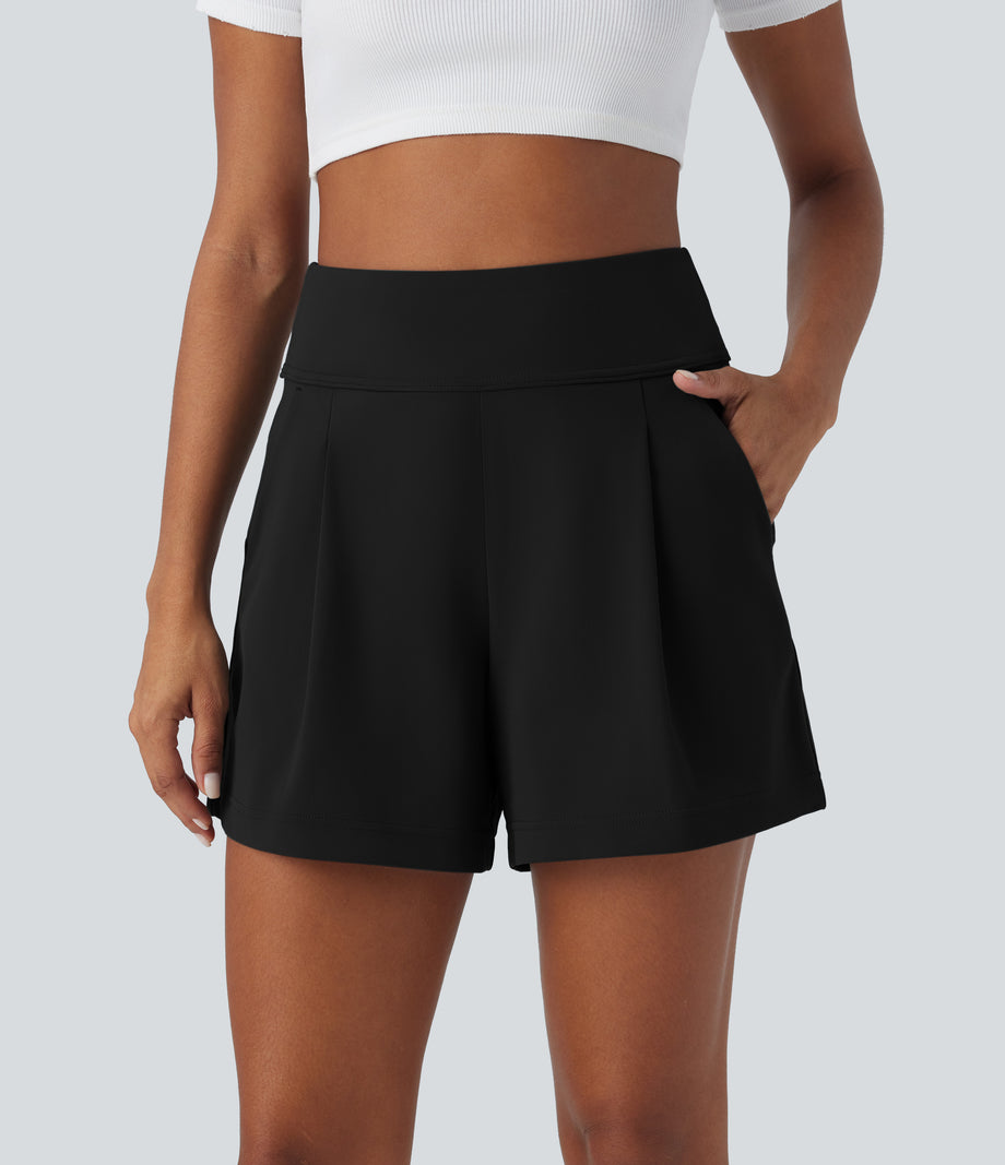 DayStretch High Waisted Work Baggy Shorts 4'' with Pockets - Black