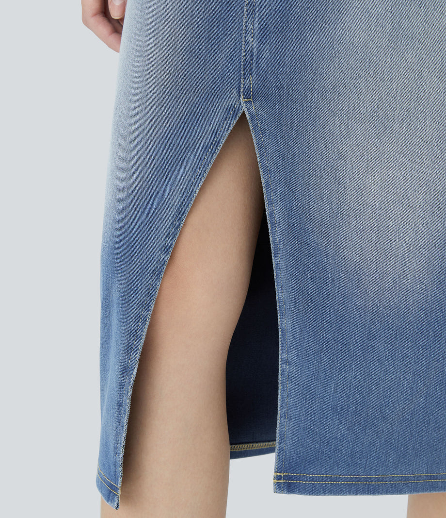 Halara Flex™ High Waisted Pockets Bodycon Washed Denim Casual Midi Skirt - Frost Blue Denim