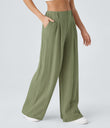 High Waisted Pocket Wide Leg Flowy Solid Palazzo Casual Linen-Feel Pants - Catkin Green