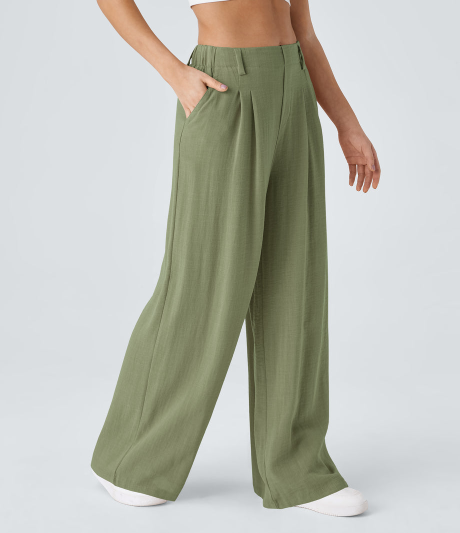 High Waisted Pocket Wide Leg Flowy Solid Palazzo Casual Linen-Feel Pants - Catkin Green