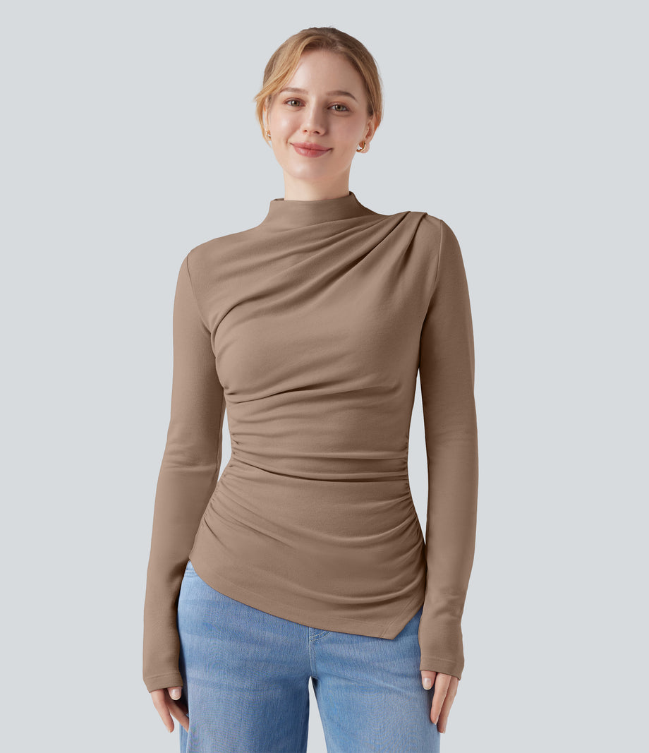 Mock-neck Long Sleeve Ruched Asymmetric Hem Thermal Casual Top - Amphora