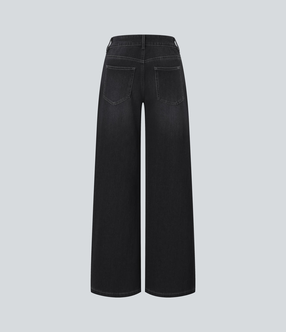 Halara Flex™ Low Rise Zipper Pockets Washed Baggy Wide Leg Casual Jeans - Deep Ink Black Denim