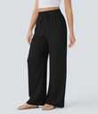 High Waisted Drawstring Pocket Wide Leg Baggy Casual Linen-Feel Pants - Black