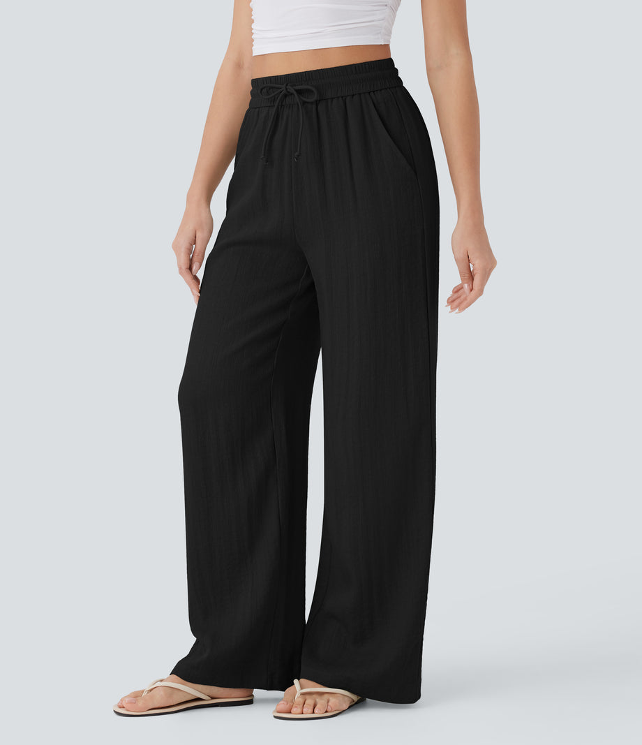 High Waisted Drawstring Pocket Wide Leg Baggy Casual Linen-Feel Pants - Black