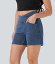 Halara Flex™ Crossover High Waisted Pockets Wide Leg A Line Washed Denim Casual Shorts - Tide Blue Denim