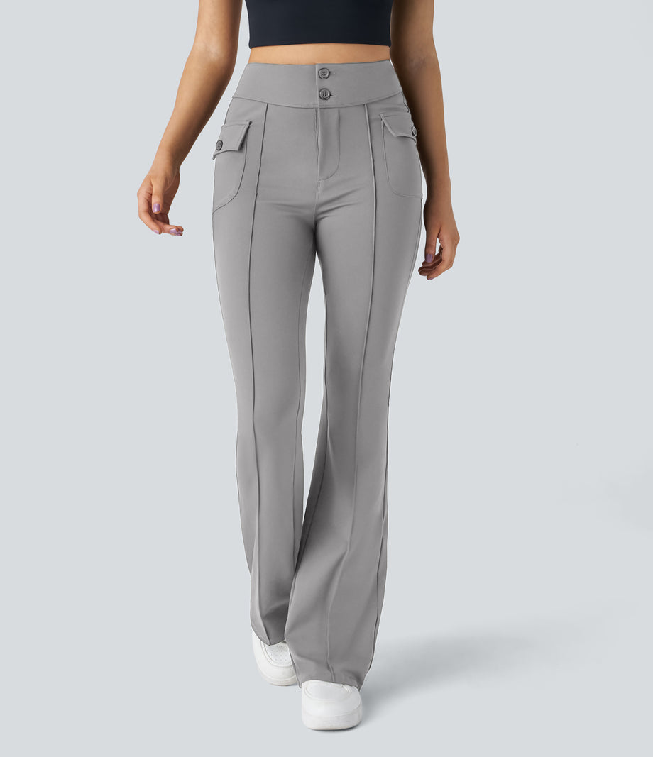High Waisted Side Flap Pocket Flare Casual Cargo Pants - Silent Storm