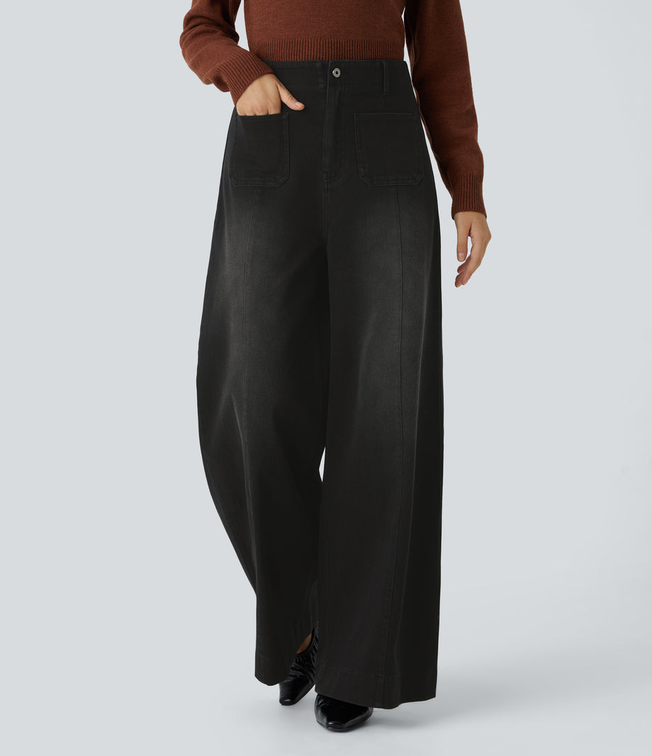 Halara Flex™ High Waisted Pockets Washed Casual Wide Leg Jeans - Coal Black Denim