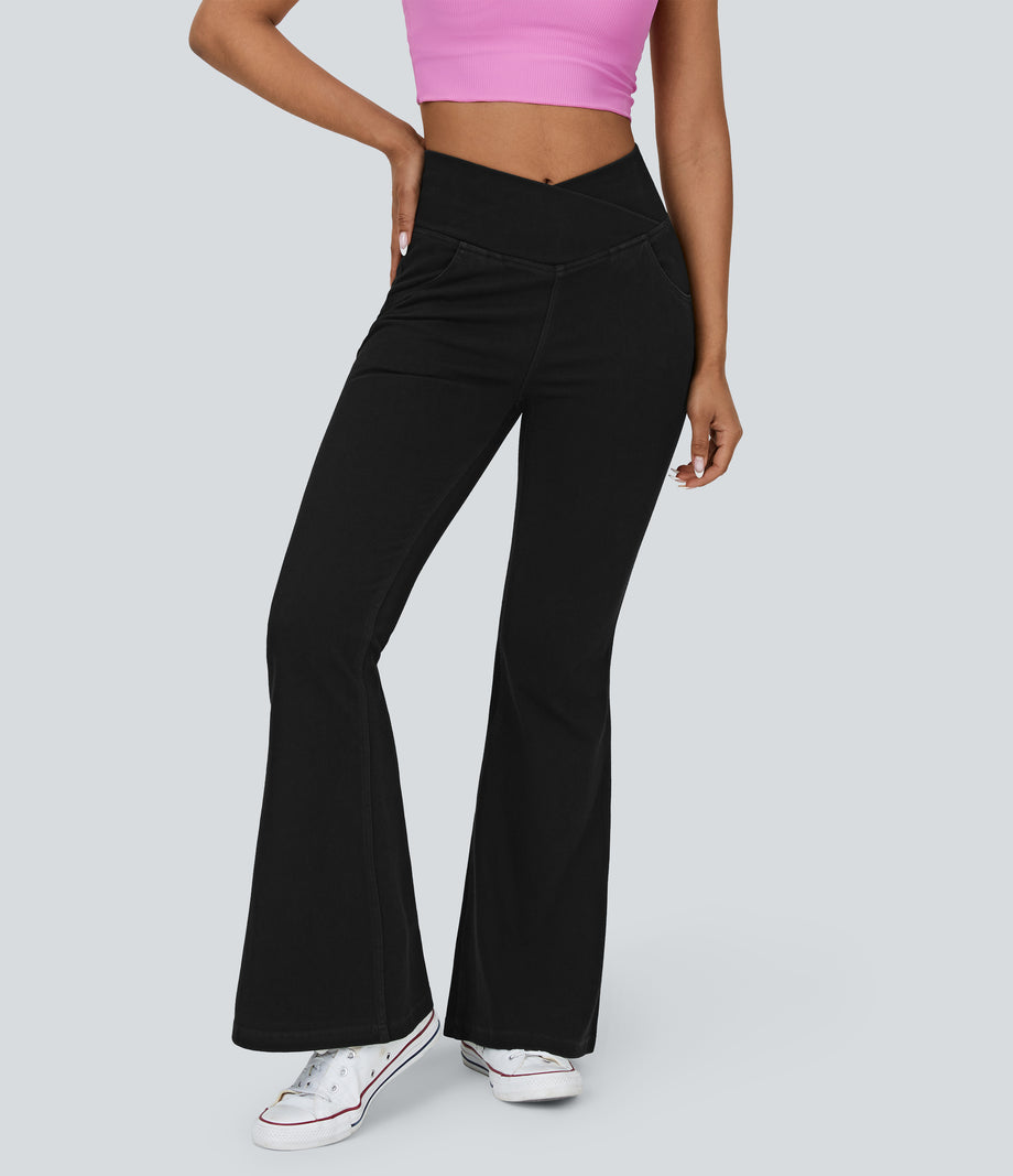 Halara Flex™ High Waisted Crossover Pocket Washed Casual Jeans - Black Denim