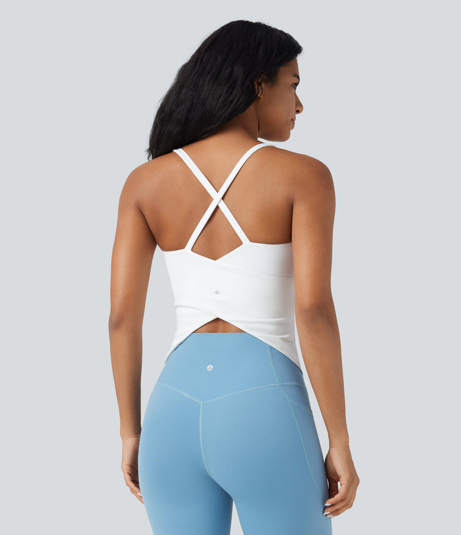 Scoop Neck Crisscross Back Crossover Hem Yoga Cami Top - White