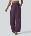 High Waisted Drawstring Wide Leg Casual Linen-Blend Pants with Pockets - Zinfandel