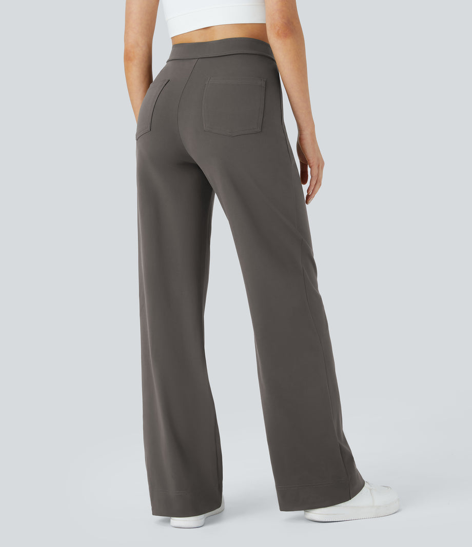 DayStretch High Waisted Pockets Straight Leg Casual Pants - Deep Red Grey