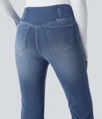 Halara Flex™ High Waisted Crossover Pocket Washed Casual Flare Jeans - Mayan Blue Denim