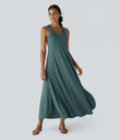 U Neck Flowy Maxi Casual Tank Dress - Jade Green Floral Yarn