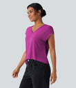 V Neck Short Sleeve Casual T-Shirt - Fuchsia Fedora