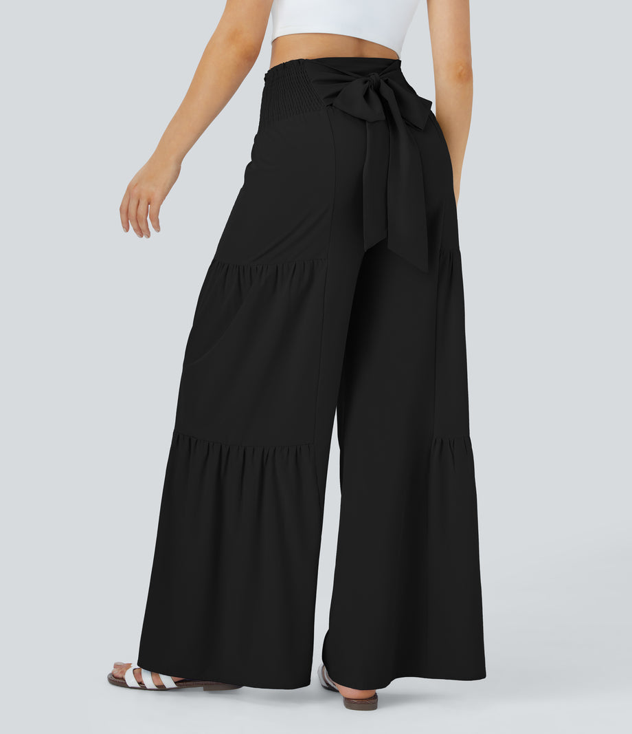 Breezeful™ High Waisted Shirred Tie Front & Back Wide Leg Flowy Quick Dry Casual Pants - Black