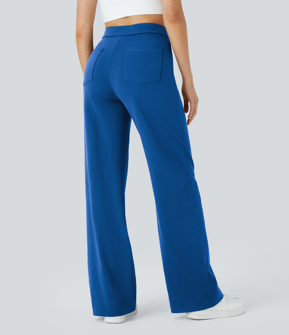 DayStretch High Waisted Pockets Straight Leg Casual Pants - Victoria Blue