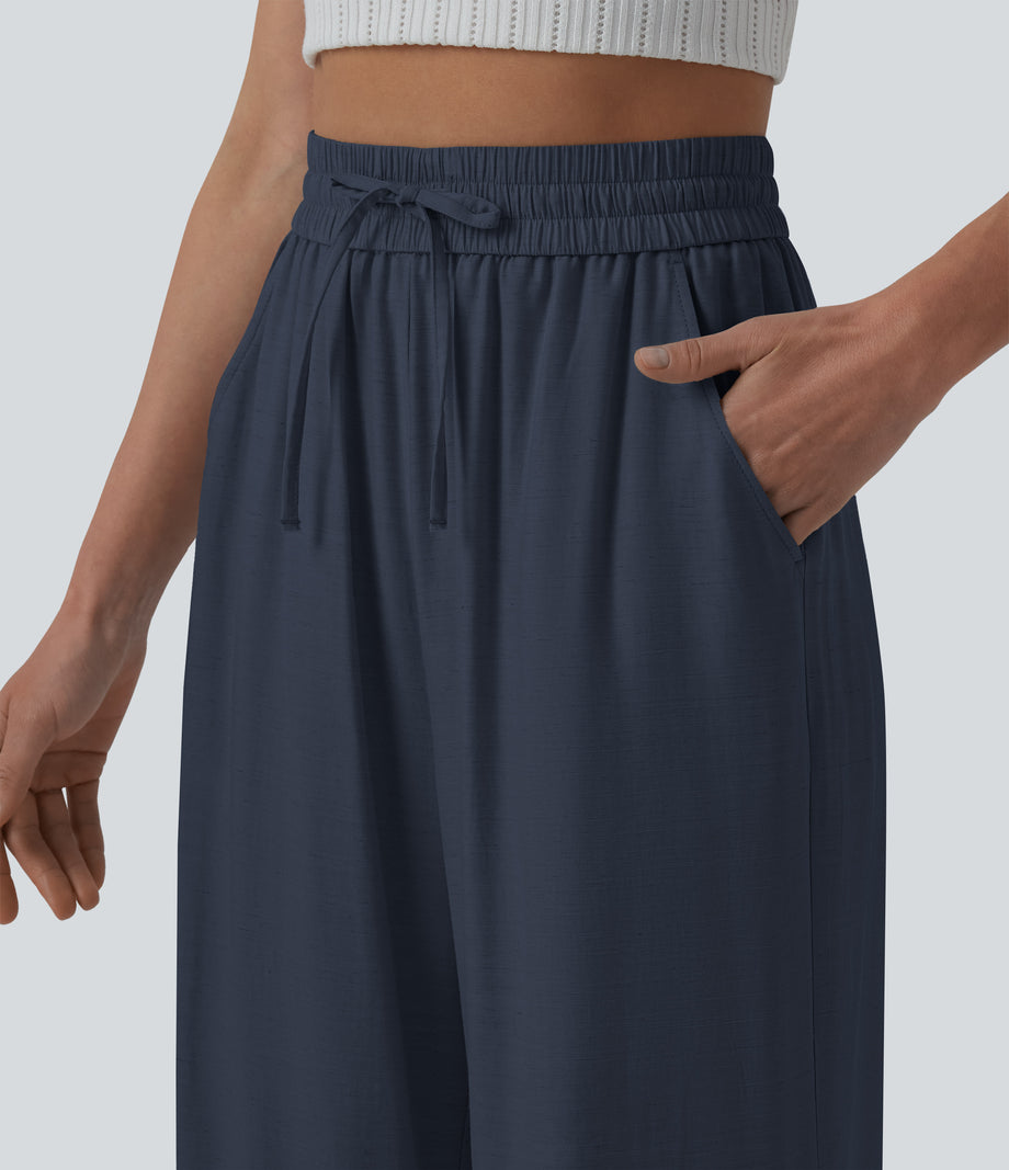High Waisted Drawstring Wide Leg Casual Linen-Blend Pants with Pockets - Always in a Mood - Dark Blue