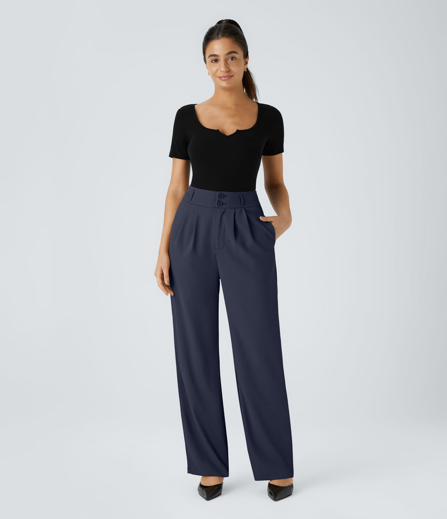 Halara Flex™ High Waisted Zipper Pocket Shirred Straight Leg Work Pants - Black Iris