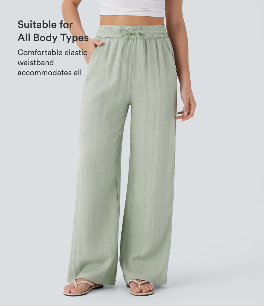 High Waisted Drawstring Pocket Wide Leg Baggy Casual Linen-Feel Pants - Pale Aqua