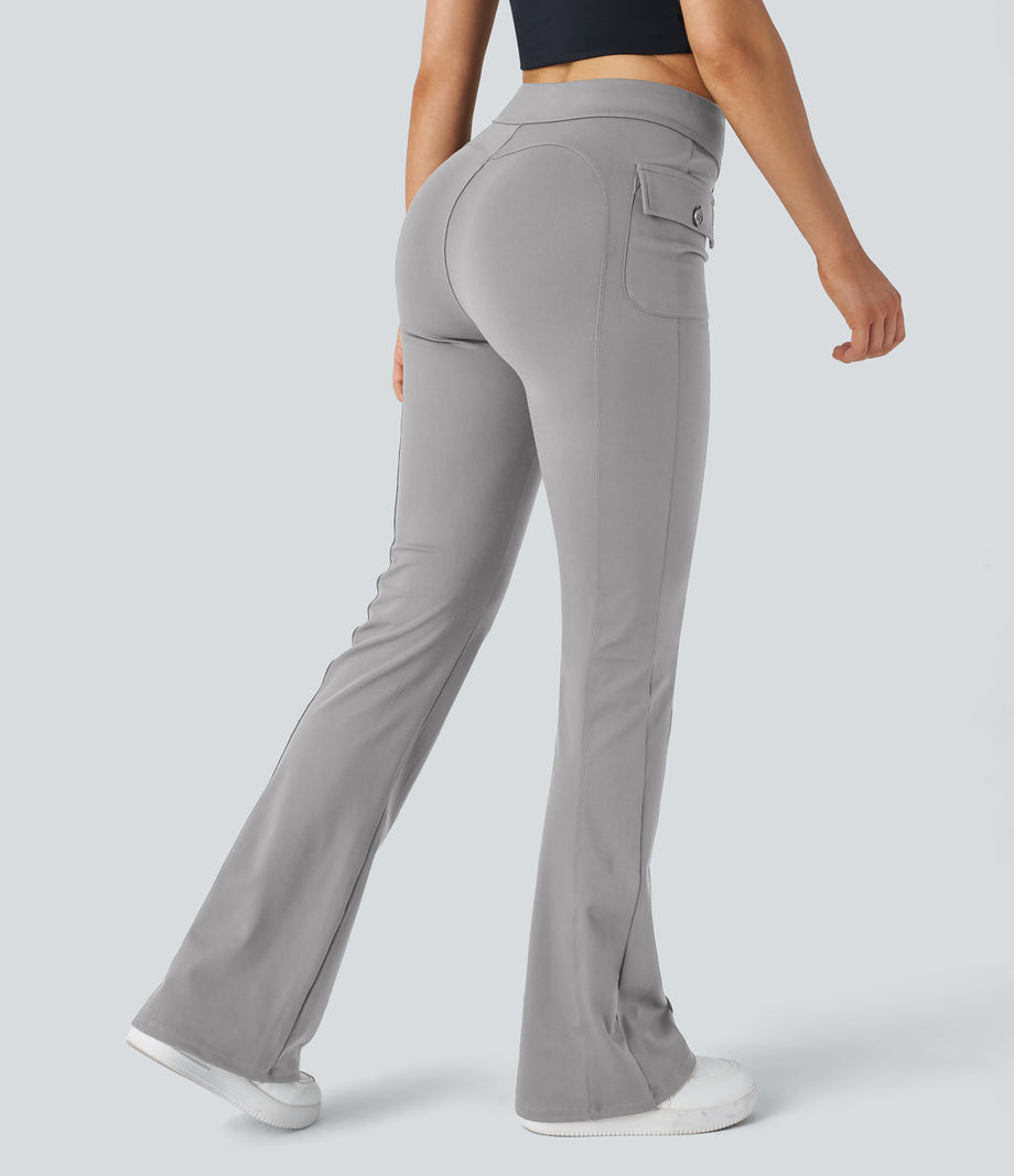 High Waisted Side Flap Pocket Flare Casual Cargo Pants - Silent Storm