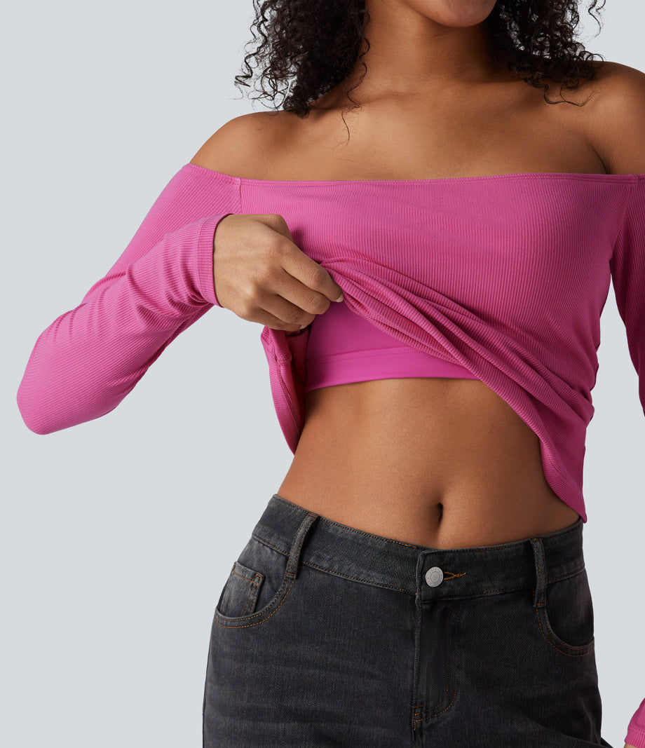 Ribbed Knit Off Shoulder Long Sleeve 2-in-1 Casual Top - Lilac Rose