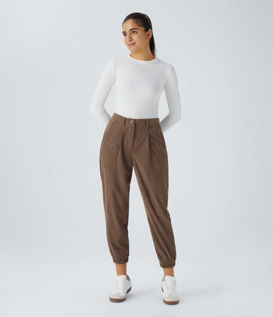 Mid Rise Zipper Pockets Corduroy Casual Joggers - Acorn