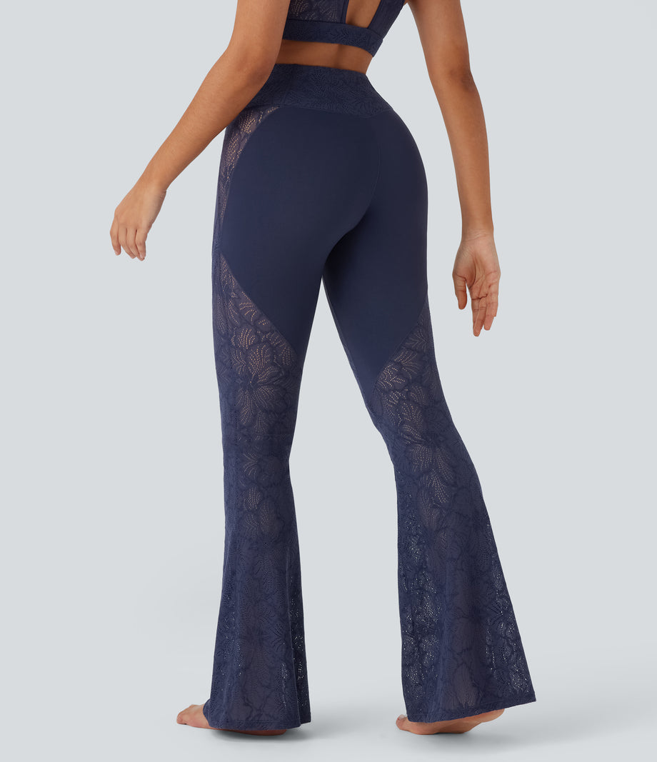 SoftlyZero™ High Waisted Crossover Pocket Contrast Lace Flare Yoga Leggings - Peacoat