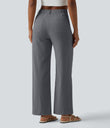 High Waisted Straight Leg Casual Linen-Feel Pants with Pockets - Obsidian Weave