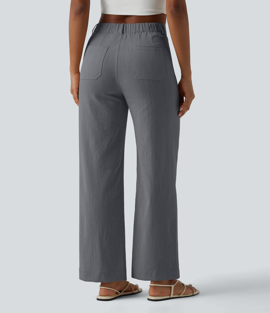High Waisted Straight Leg Casual Linen-Feel Pants with Pockets - Obsidian Weave