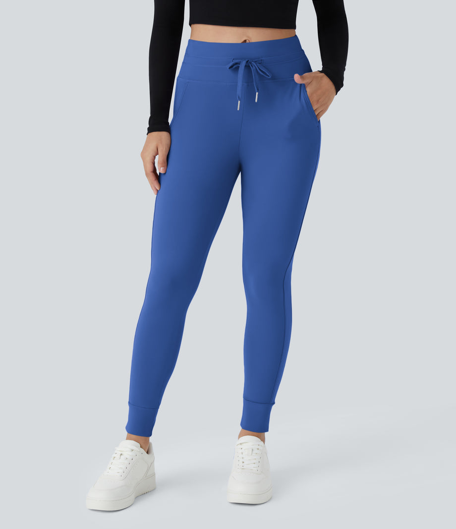 SoftlyZero™ Plush High Waisted Drawstring Pocket Plain Full Length Joggers - Beaucoup Blue