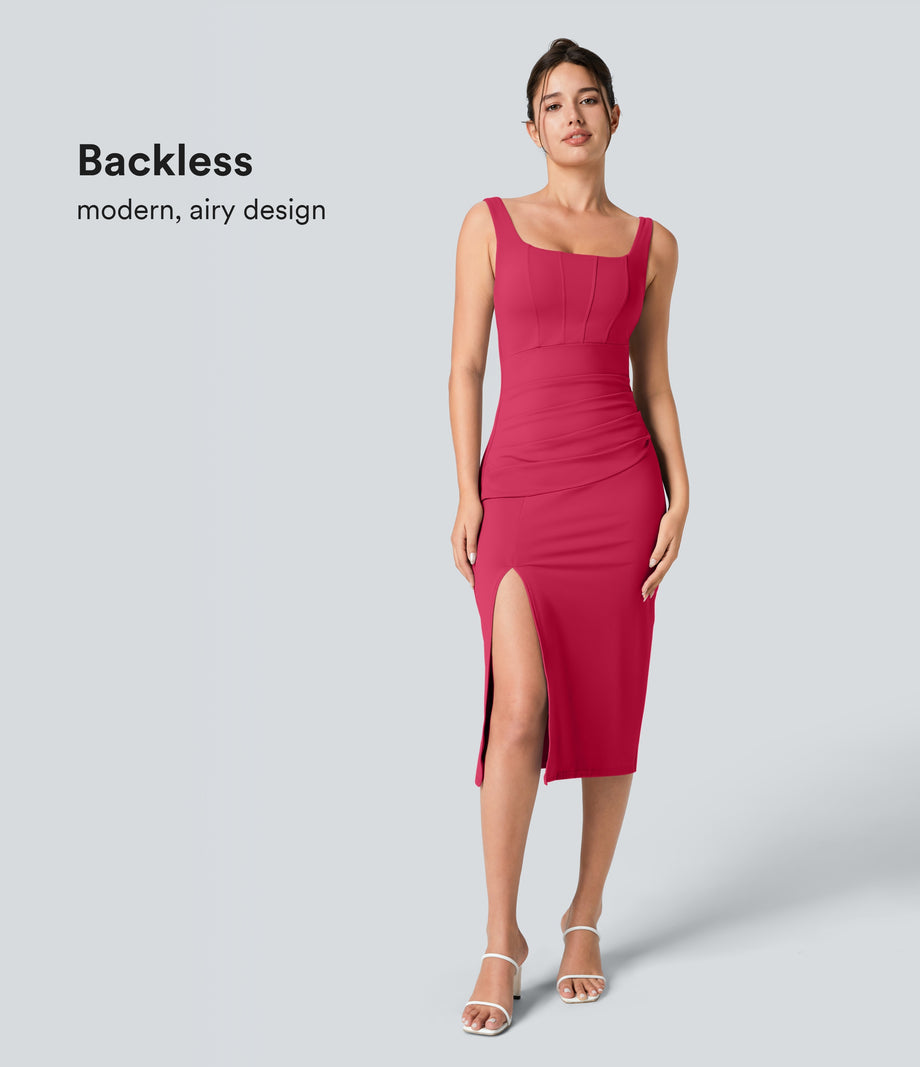 SoftlyZero™ Airy Square Neck Backless Corset Ruched Split Bodycon Midi Cool Touch Bridesmaid and Wedding Guest Dress - Winterberry
