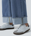 Halara Flex™ High Waisted Pockets Rolled Hem Wide Leg Washed Casual Jeans - Cedar Blue Denim