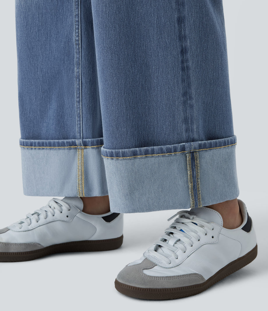 Halara Flex™ High Waisted Pockets Rolled Hem Wide Leg Washed Casual Jeans - Cedar Blue Denim