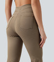 High Waisted Drawstring Stripe Flare Yoga Pants with Pockets - Cedar Brown
