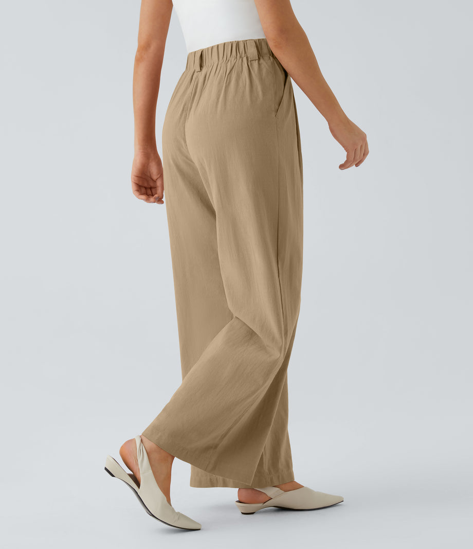 High Waisted Pocket Wide Leg Flowy Solid Palazzo Casual Linen-Feel Pants - Curds & Whey