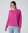 Round Neck Long Sleeve Ruched Yoga Sports Top-UPF50+ - Fuchsia Fedora