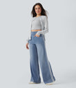 Halara Flex™ High Waisted Stripe Wide Leg Flowy Washed Casual Jeans with Pockets - Powder Blue Denim