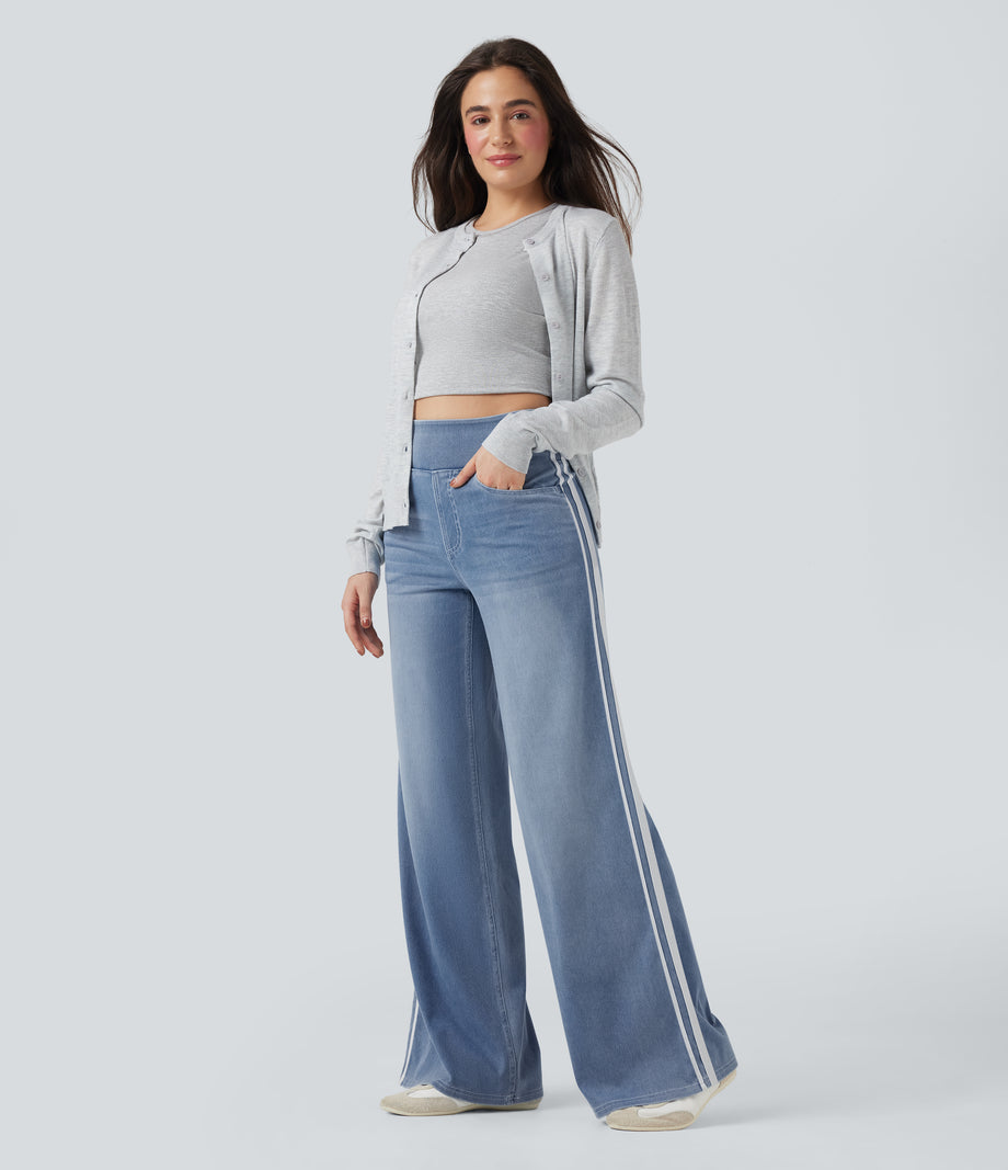 Halara Flex™ High Waisted Stripe Wide Leg Flowy Washed Casual Jeans with Pockets - Powder Blue Denim