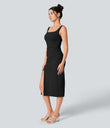 SoftlyZero™ Airy Square Neck Backless Corset Ruched Split Bodycon Midi Cool Touch Bridesmaid and Wedding Guest Dress - Black