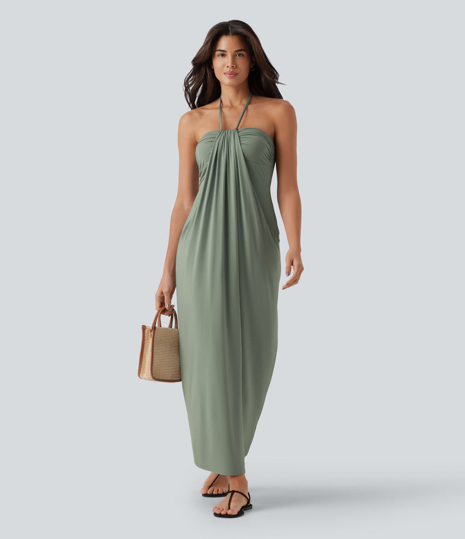 Halter Tie Back Maxi Dress with Pockets - Asparagus