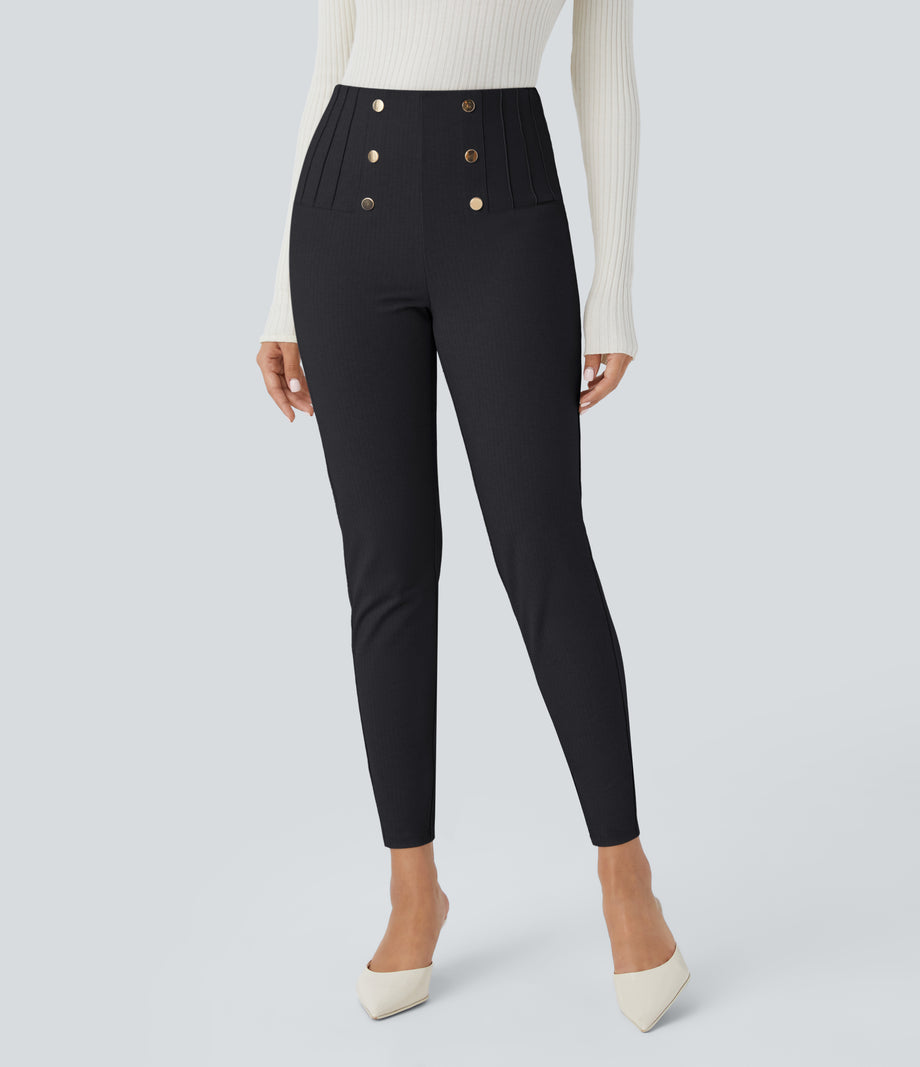 High Waisted Tummy Control Decorative Back Zipper Pockets Herringbone Work Leggings - Blue Graphite