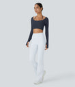 Ribbed Halter Strap Thumb Hole Cropped Yoga Sports Top - Navy Blazer