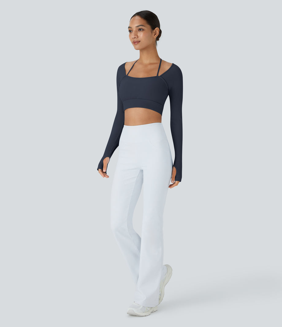 Ribbed Halter Strap Thumb Hole Cropped Yoga Sports Top - Navy Blazer
