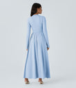 Mock-neck Long Sleeve Pocket Flare Maxi Casual Dress - Angel Falls